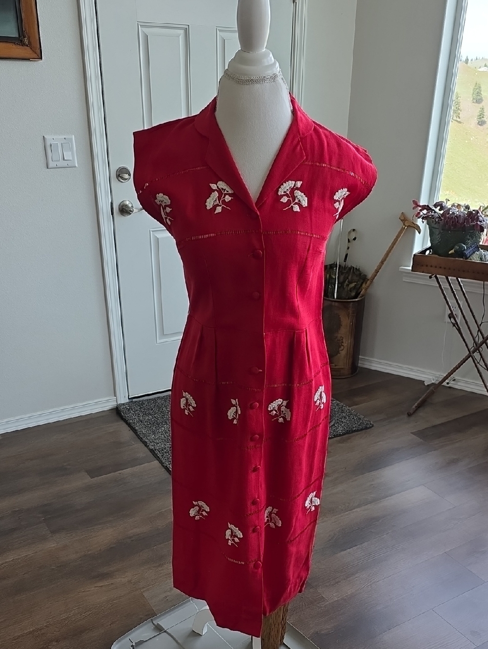 Red Hand Embroidered Button-Front Midi Dress